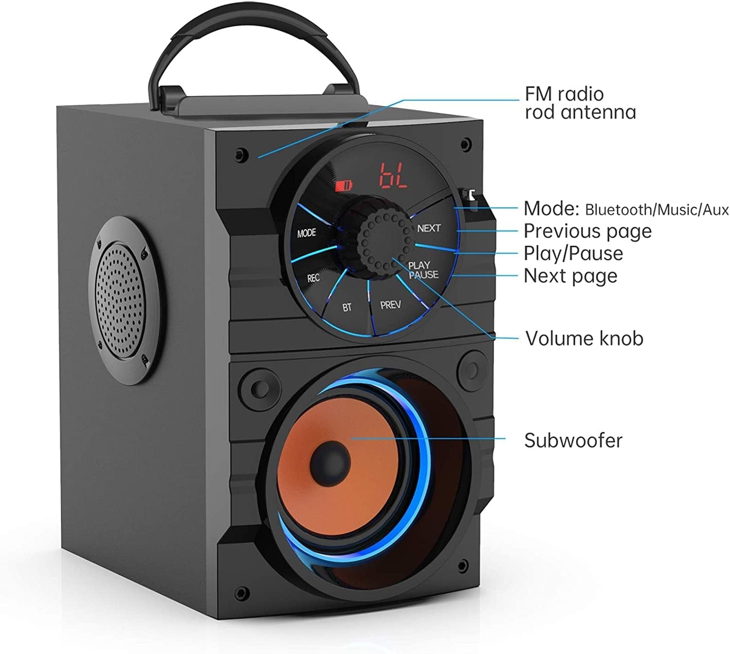 Portable Bluetooth Speaker with Subwoofer Wireless Speakers Outdoor/Indoor Big Support Remote Control FM Radio TF Card LED Lights MP3 Player Party for Home Camping Iphone Computer PC