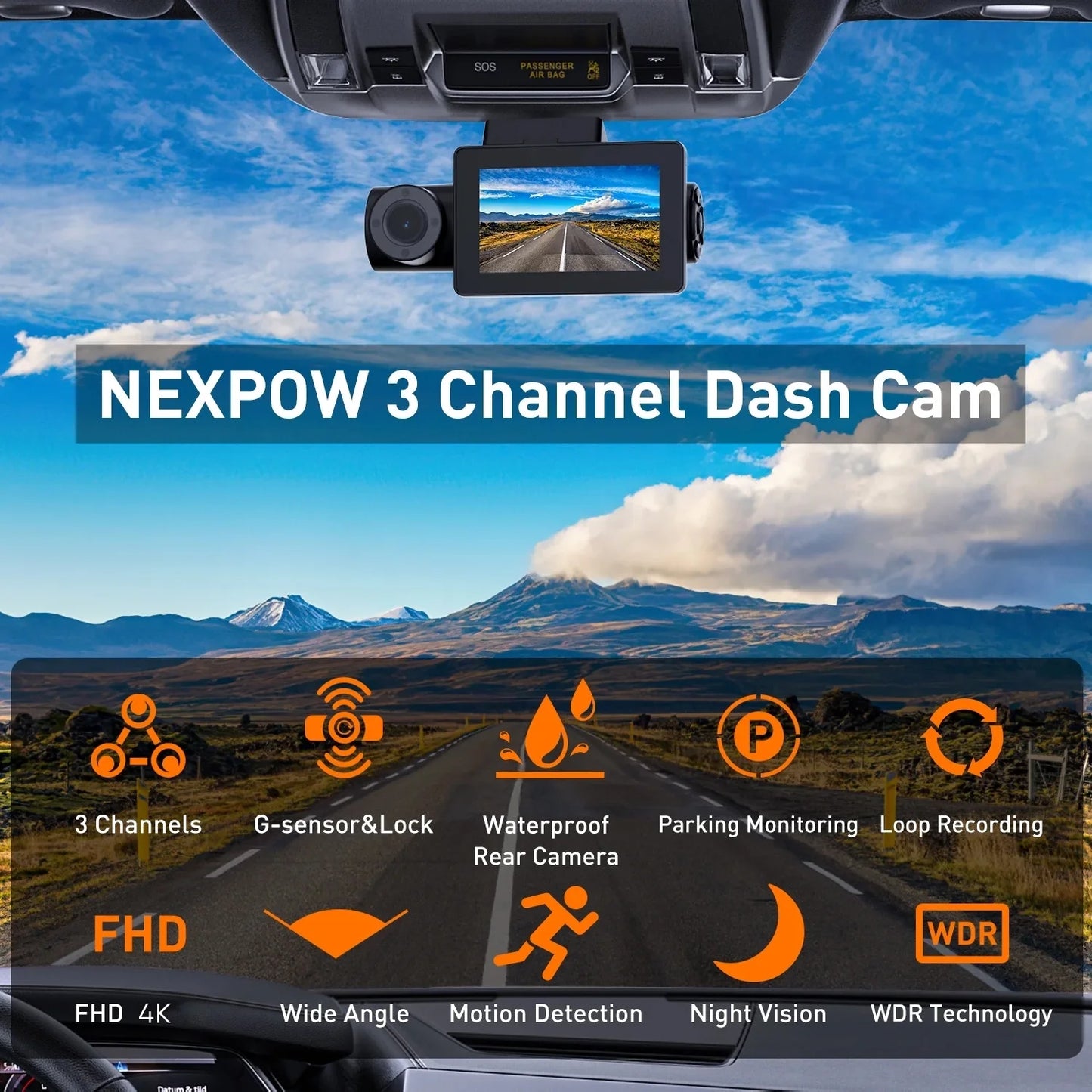 3-Channel 4K Car Dash Camera with Front and Rear View, 3" LCD Screen, IR Night Vision, Loop Recording, G-Sensor, and Parking Monitor