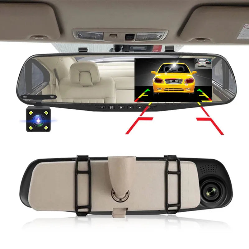 4.3-Inch Dual Lens Car DVR Rearview Mirror with 1080P IPS Front and Rear Cameras - Black Box Recorder