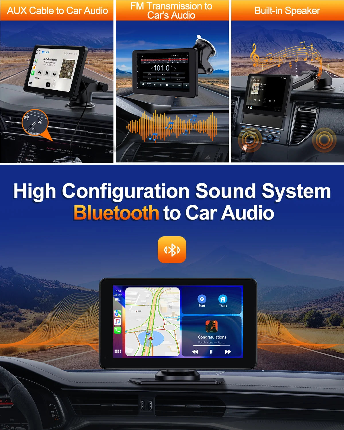 7-Inch Portable Wireless CarPlay & Android Auto Car Stereo with 1080P HD Touchscreen GPS Navigation, Bluetooth, Mirror Link, FM, and Siri Integration