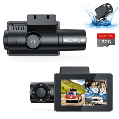 3-Channel 4K Car Dash Camera with Front and Rear View, 3" LCD Screen, IR Night Vision, Loop Recording, G-Sensor, and Parking Monitor