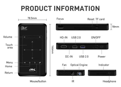 P09-II Portable DLP Mini Pocket Projector Android 9.0 2GB 32GB Home Beamer Support 4K Decoding for Home Theater Video Proyector