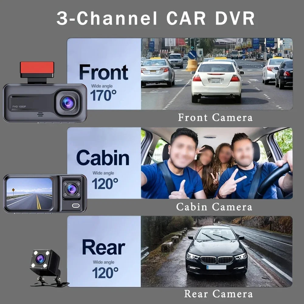 1080P Full HD 3-Way Dash Cam with Front, Rear, and Interior Cameras - Comprehensive Video Recording Solution