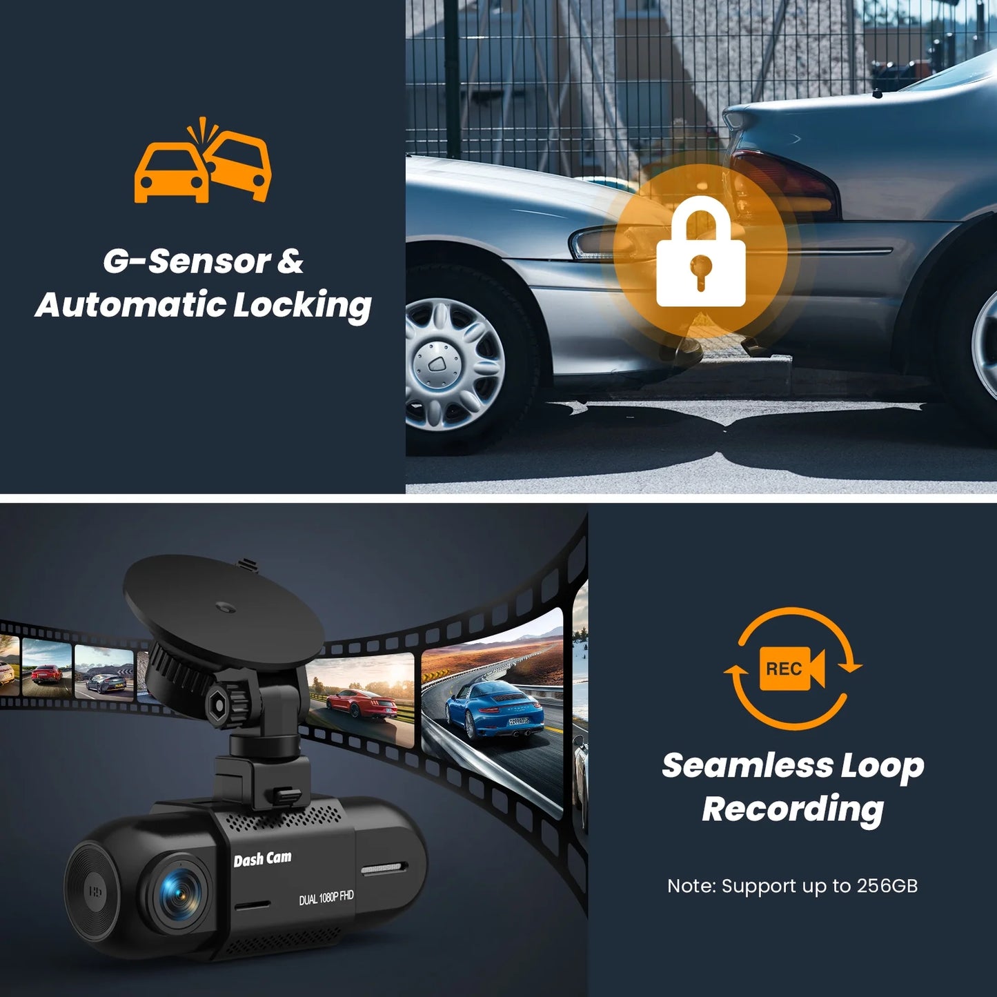 Front and Interior Dash Cam, 1080P FHD Vehicle Camera with Rear IR Night Vision, Accident Lock, 24-Hour Parking Mode, G-Sensor, Includes 32GB Memory Card