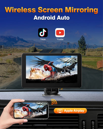 7-Inch Portable Wireless CarPlay & Android Auto Car Stereo with 1080P HD Touchscreen GPS Navigation, Bluetooth, Mirror Link, FM, and Siri Integration