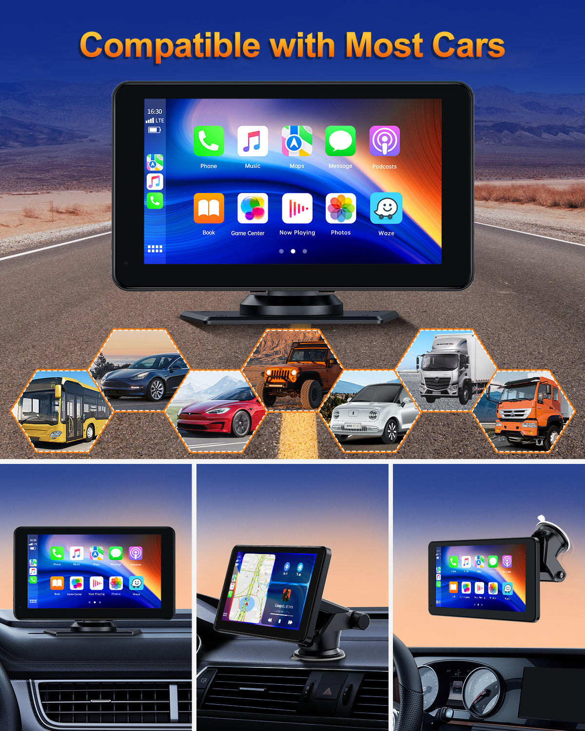 7-Inch Portable Wireless CarPlay & Android Auto Car Stereo with 1080P HD Touchscreen GPS Navigation, Bluetooth, Mirror Link, FM, and Siri Integration