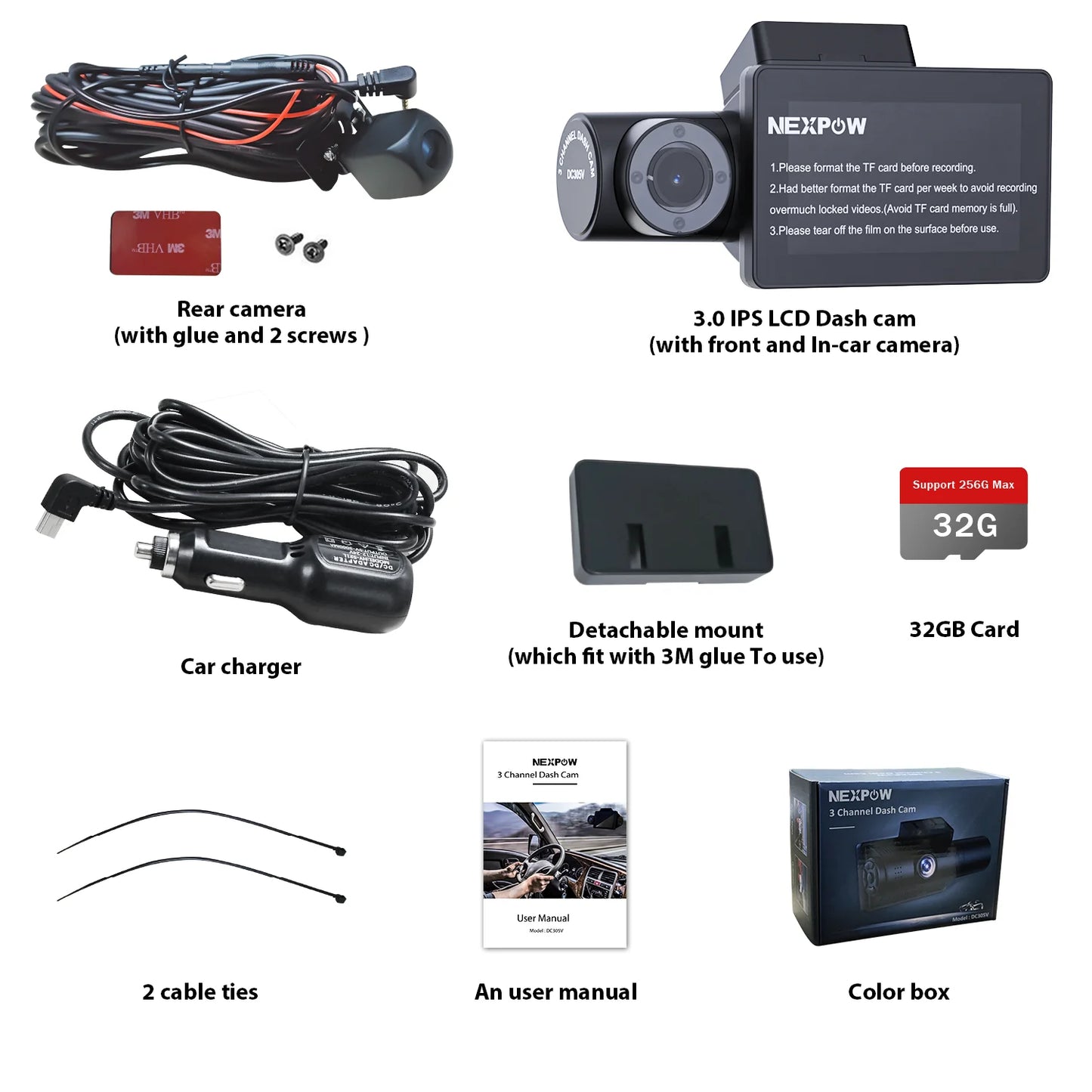 3-Channel 4K Car Dash Camera with Front and Rear View, 3" LCD Screen, IR Night Vision, Loop Recording, G-Sensor, and Parking Monitor