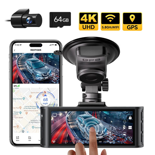 Front and Rear Dash Camera with Touch Screen, WiFi, GPS, Voice Control, 4K Resolution, Enhanced Night Vision, WDR, 24-Hour Parking Mode, Includes Free 64GB Memory Card