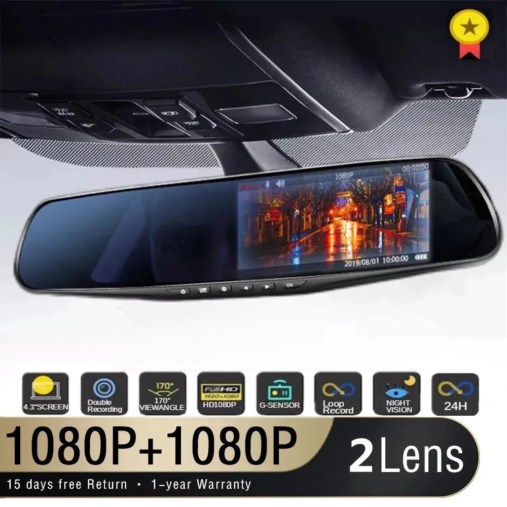 4.3-Inch Dual Lens Car DVR Rearview Mirror with 1080P IPS Front and Rear Cameras - Black Box Recorder