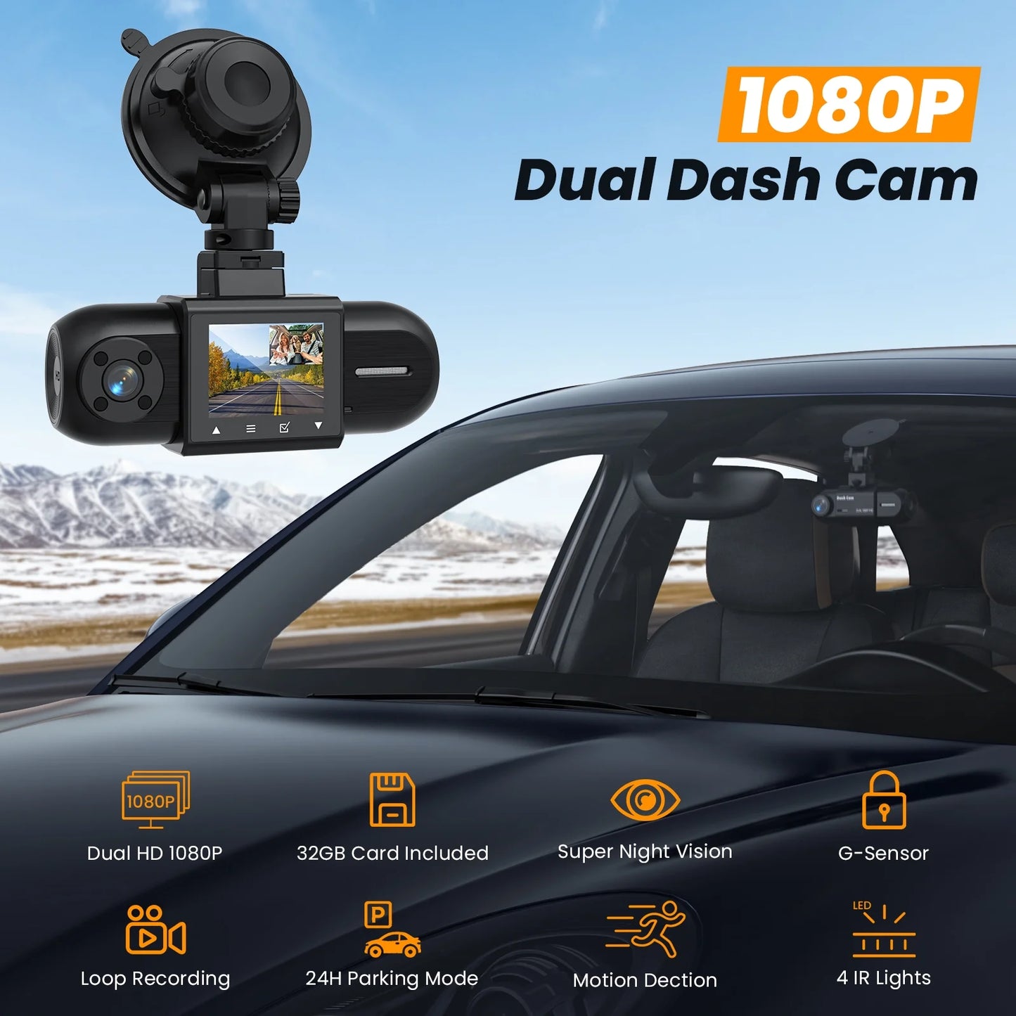 Front and Interior Dash Cam, 1080P FHD Vehicle Camera with Rear IR Night Vision, Accident Lock, 24-Hour Parking Mode, G-Sensor, Includes 32GB Memory Card