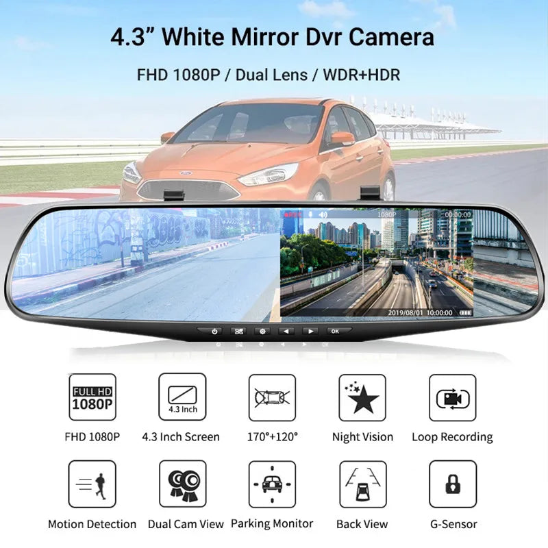 4.3-Inch Dual Lens Car DVR Rearview Mirror with 1080P IPS Front and Rear Cameras - Black Box Recorder