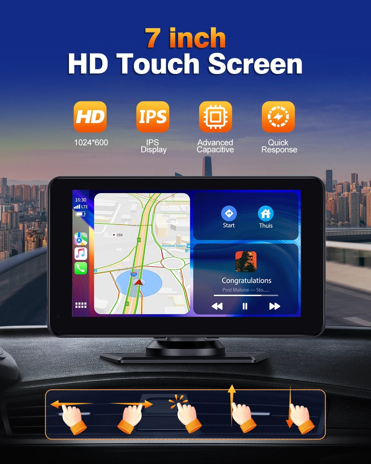 7-Inch Portable Wireless CarPlay & Android Auto Car Stereo with 1080P HD Touchscreen GPS Navigation, Bluetooth, Mirror Link, FM, and Siri Integration