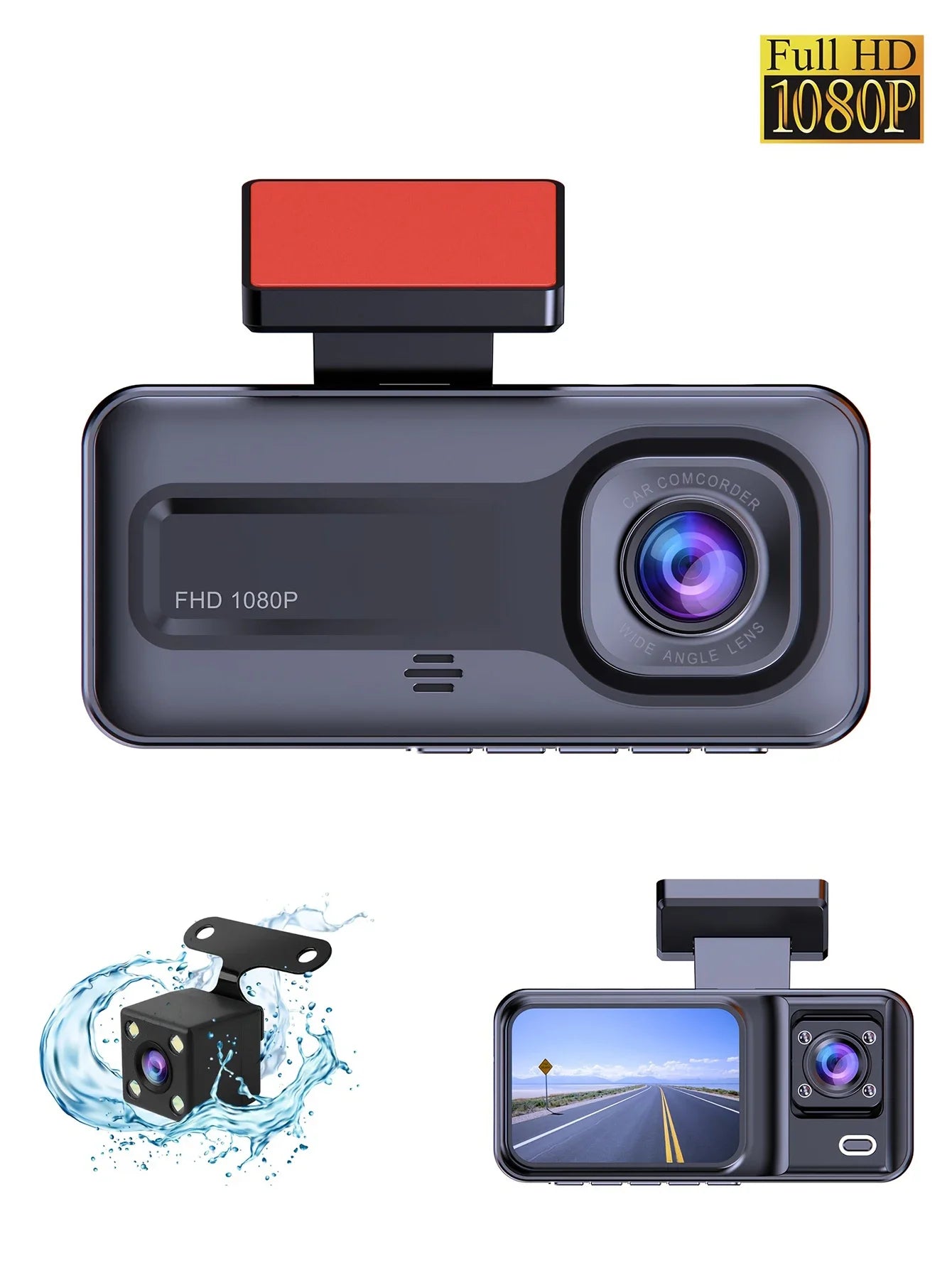 1080P Full HD 3-Way Dash Cam with Front, Rear, and Interior Cameras - Comprehensive Video Recording Solution