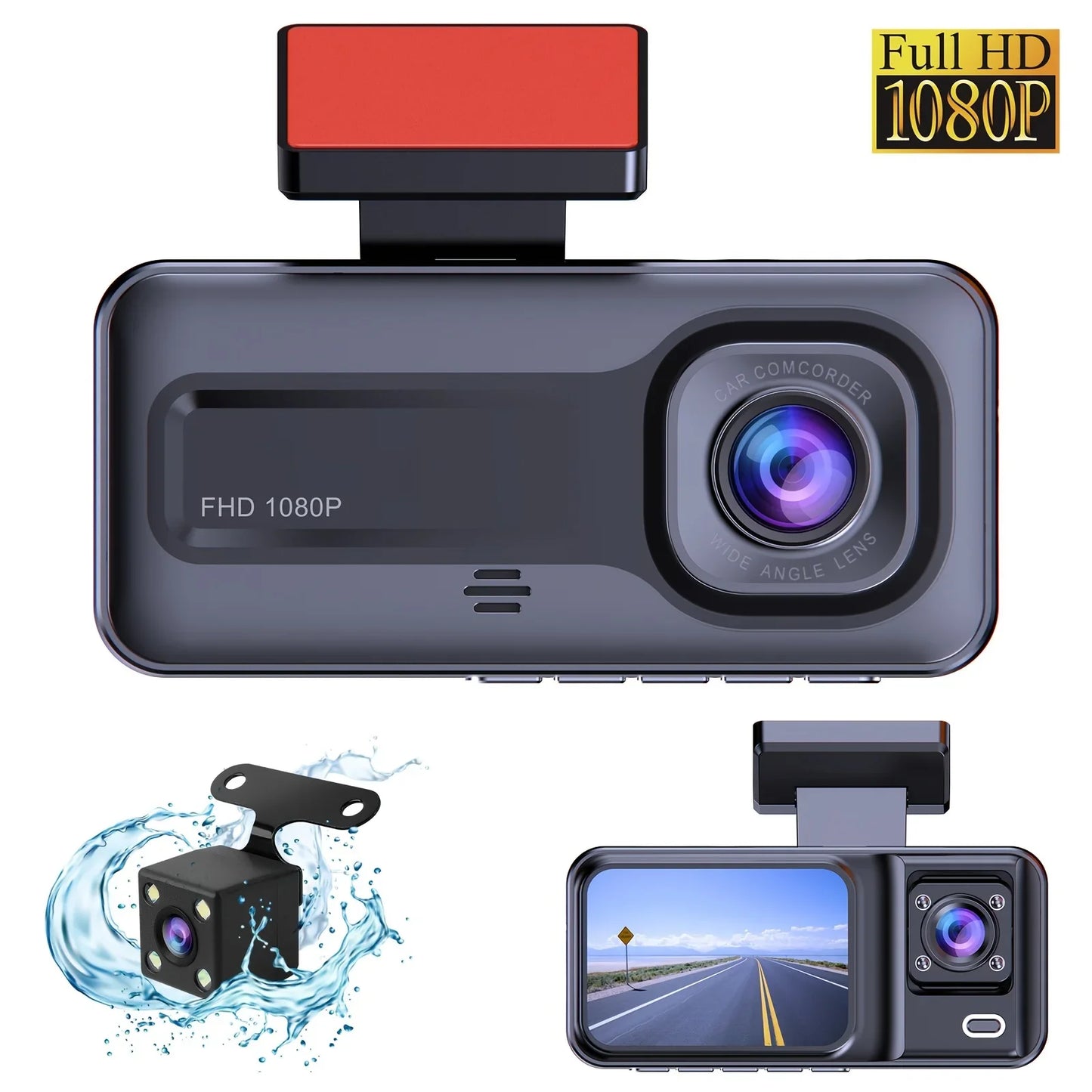 1080P Full HD 3-Way Dash Cam with Front, Rear, and Interior Cameras - Comprehensive Video Recording Solution