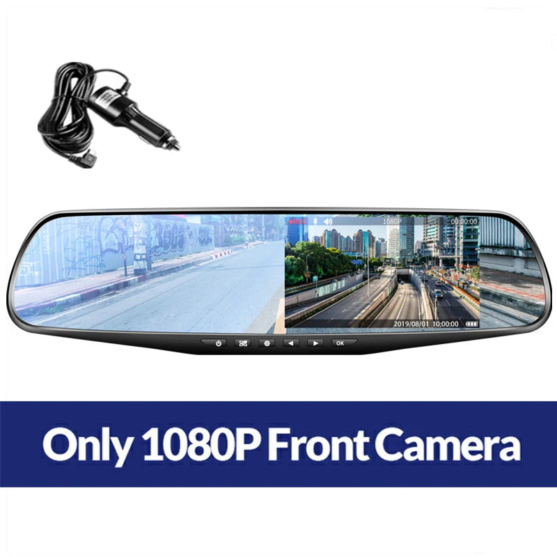 4.3-Inch Dual Lens Car DVR Rearview Mirror with 1080P IPS Front and Rear Cameras - Black Box Recorder