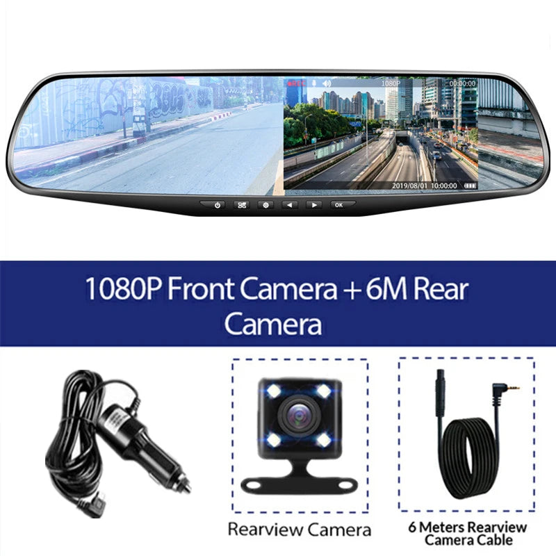 4.3-Inch Dual Lens Car DVR Rearview Mirror with 1080P IPS Front and Rear Cameras - Black Box Recorder