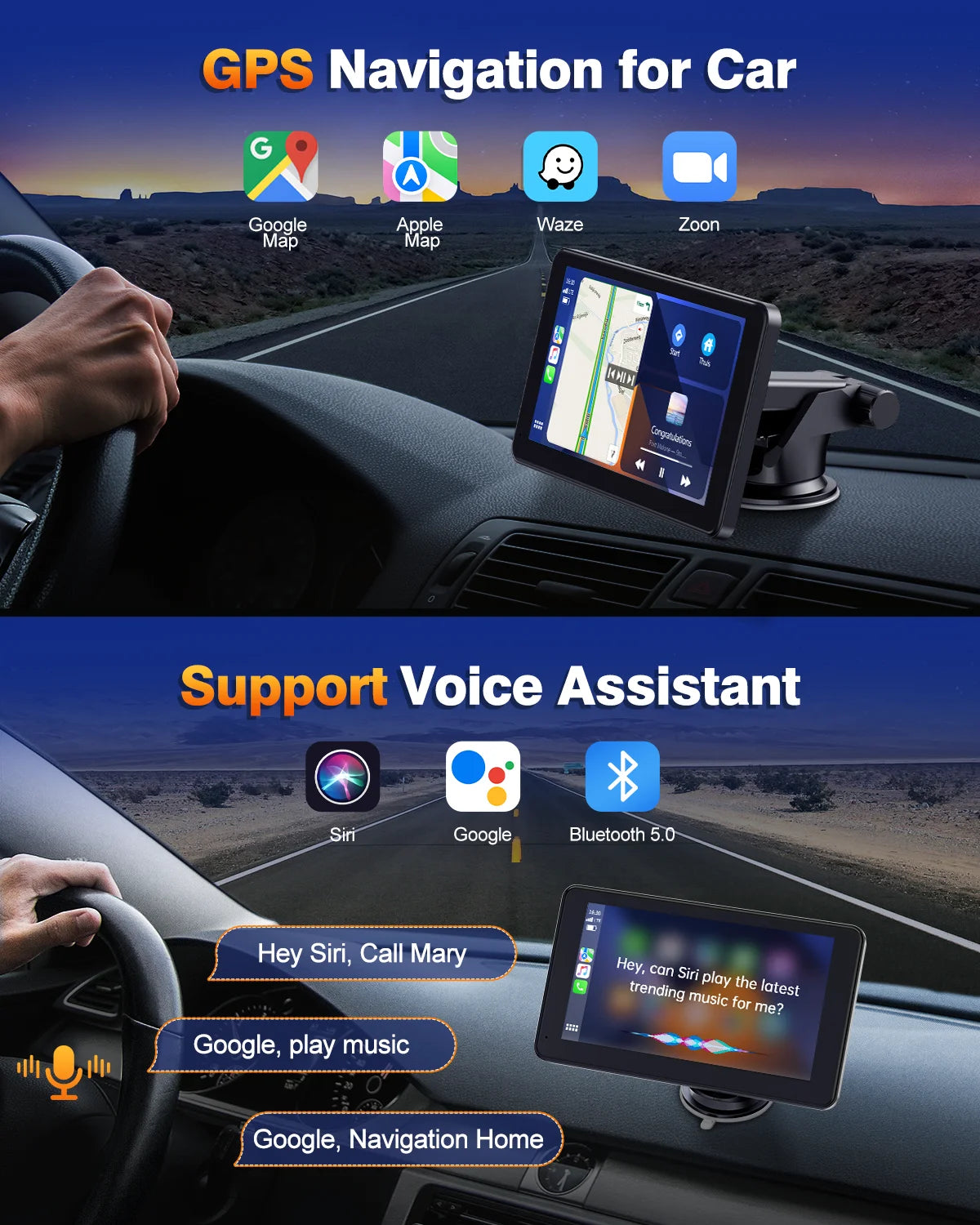 7-Inch Portable Wireless CarPlay & Android Auto Car Stereo with 1080P HD Touchscreen GPS Navigation, Bluetooth, Mirror Link, FM, and Siri Integration