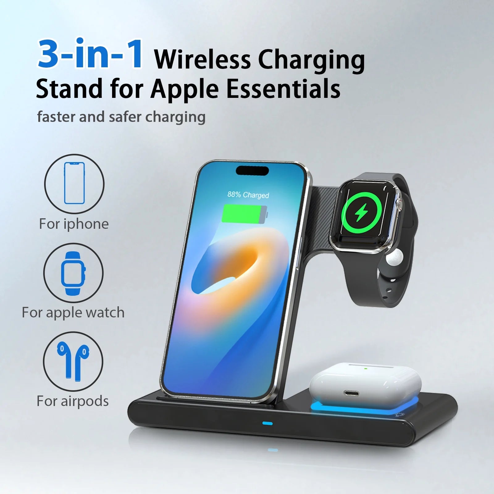 Wireless Charging Station, QC3.0 Magnetic Fast Charging, Wirelss Charger Compatible with Iphone 16 15 14 13 12 11 Pro Max XS XR, Iwatch Series 9 8 7 6 5 4 3 2 SE, Airpods 3 2 Pro (Black)