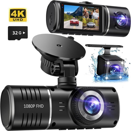 3-Channel 4K+1080P Dash Cam with Night Vision, HDR, G-Sensor, and 24-Hour Parking Monitoring, Includes 32GB Card