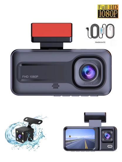 1080P Full HD 3-Way Dash Cam with Front, Rear, and Interior Cameras - Comprehensive Video Recording Solution